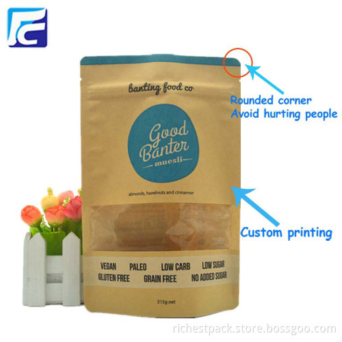 Paper stand up pouches for food with window
